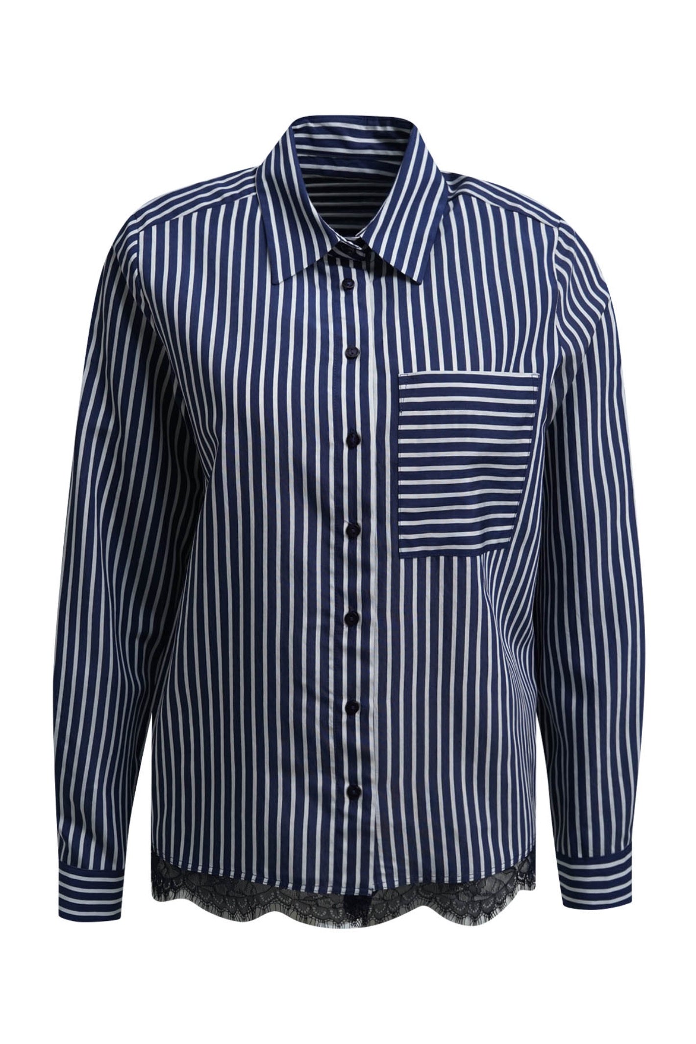 Milano 63-4900-3778 Navy Stripe Lace Hem Shirt Blouse