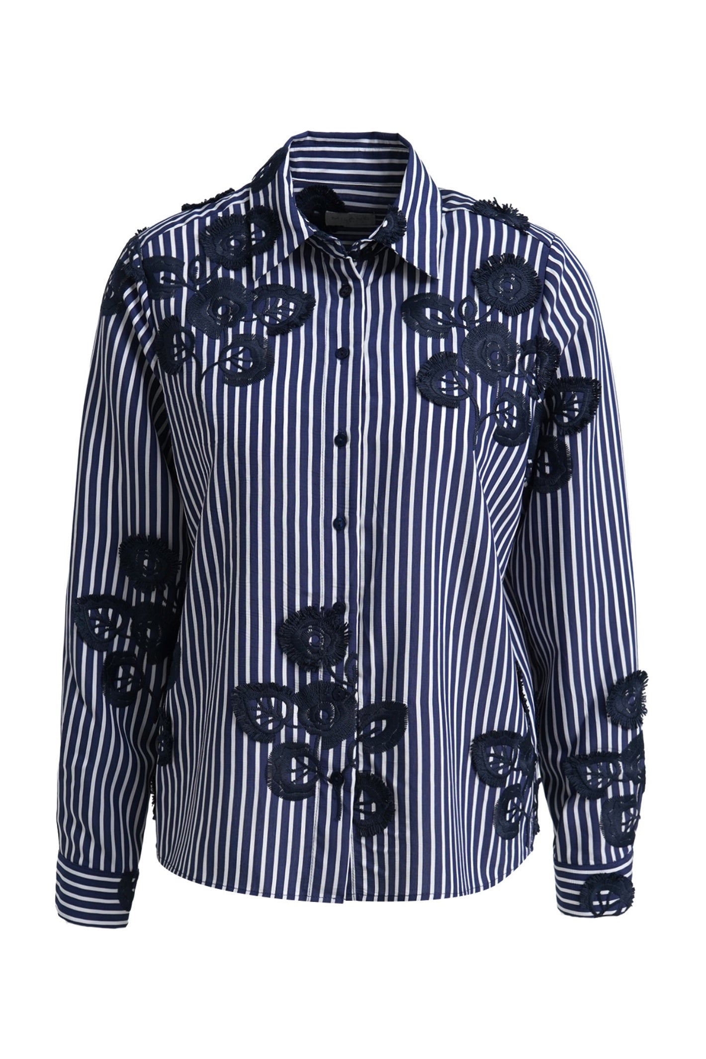 A navy and white vertically striped button-down shirt with dark navy floral applique patches on the front, displayed on a clean white background.