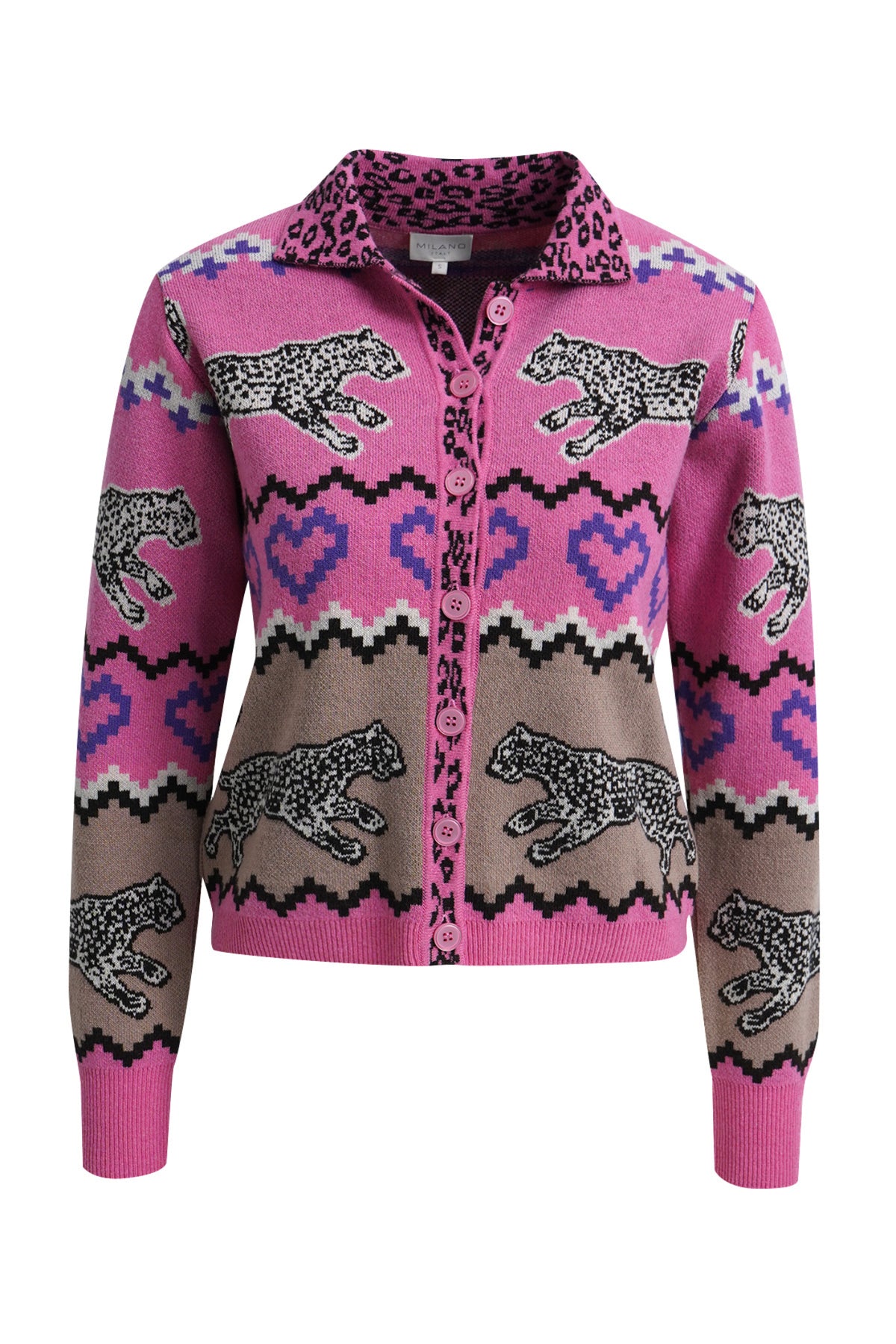 Milano 63-5280-9225 Light Fuchsia Leopard Heart Cashmere Blend Cardigan MILANO Shop MILANO at Dotique