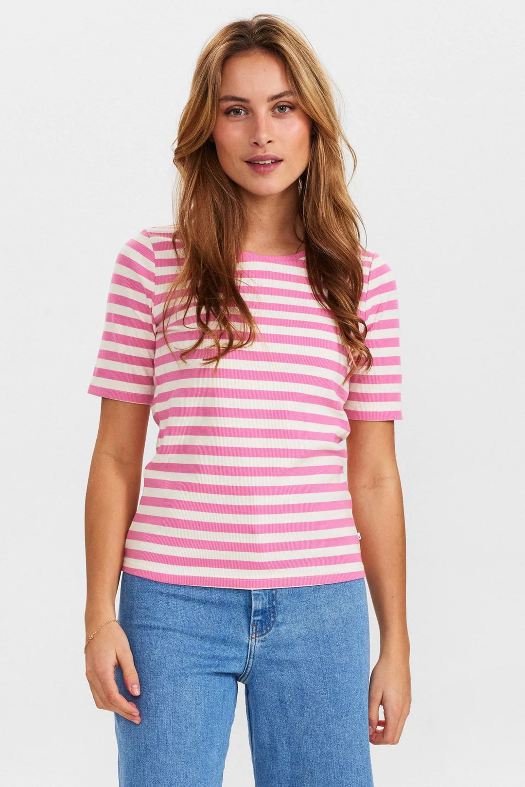 Numph Numicke 703032 Short Sleeve Striped Top Pink Front