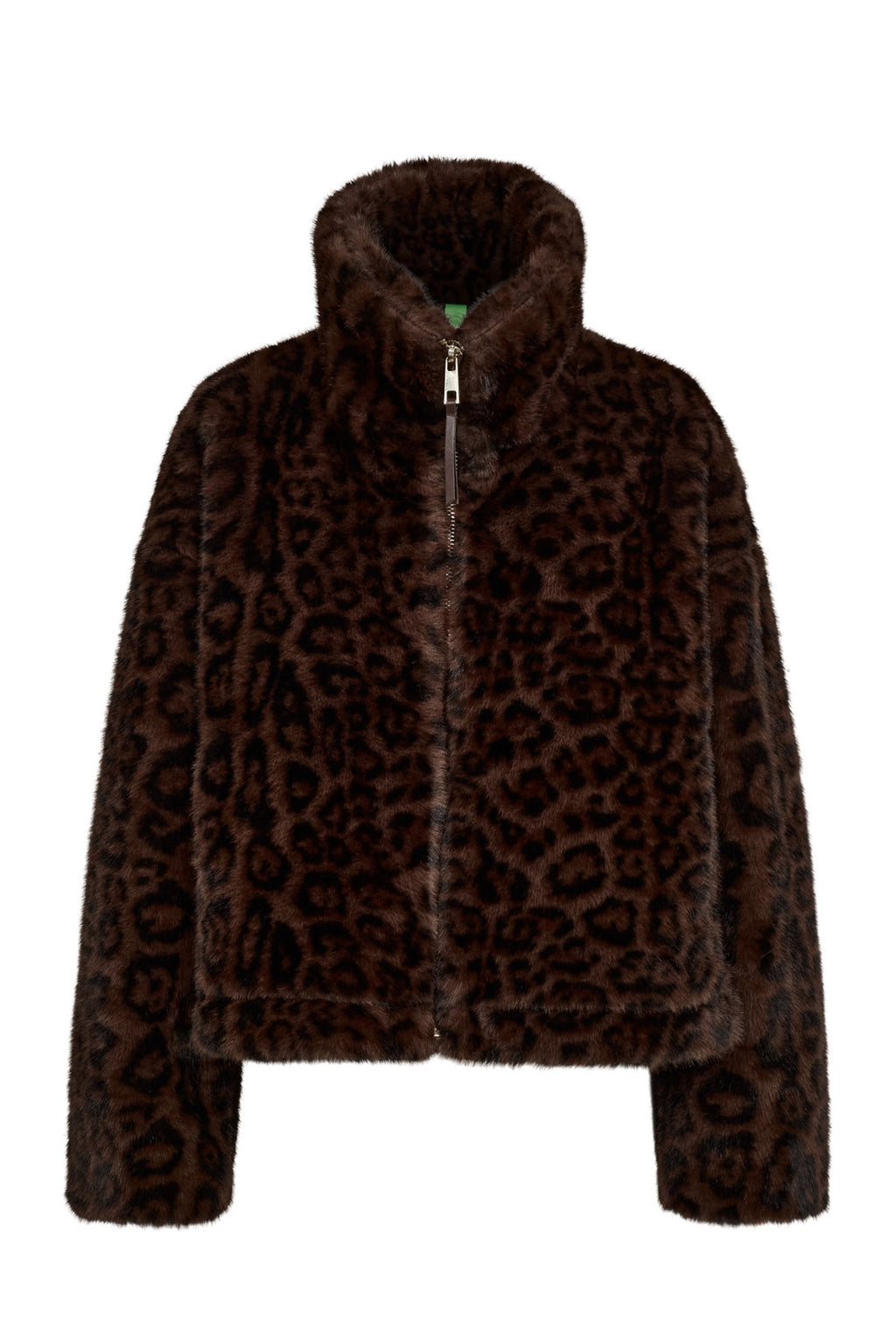 A brown faux fur jacket with a dark brown leopard print pattern, featuring a high collar and front zipper, shown against a plain white background.
