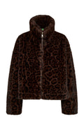 A brown faux fur jacket with a dark brown leopard print pattern, featuring a high collar and front zipper, shown against a plain white background.