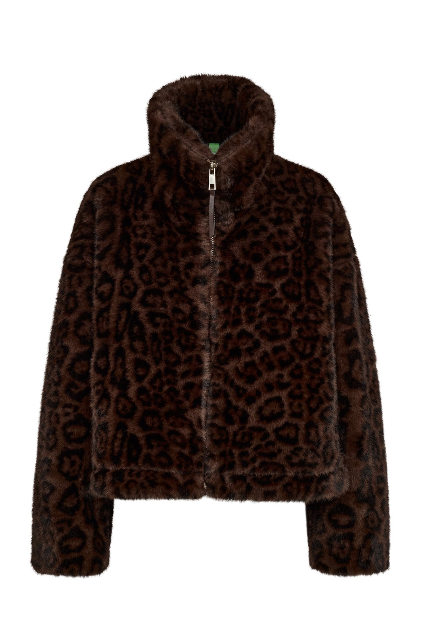 A brown faux fur jacket with a dark brown leopard print pattern, featuring a high collar and front zipper, shown against a plain white background.