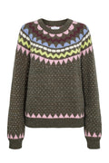 Shop the Nümph NUOLANDA Jumper in Forest Night at Dotique. A colourful Fair Isle-inspired knit with pink, blue and green detailing for AW26.