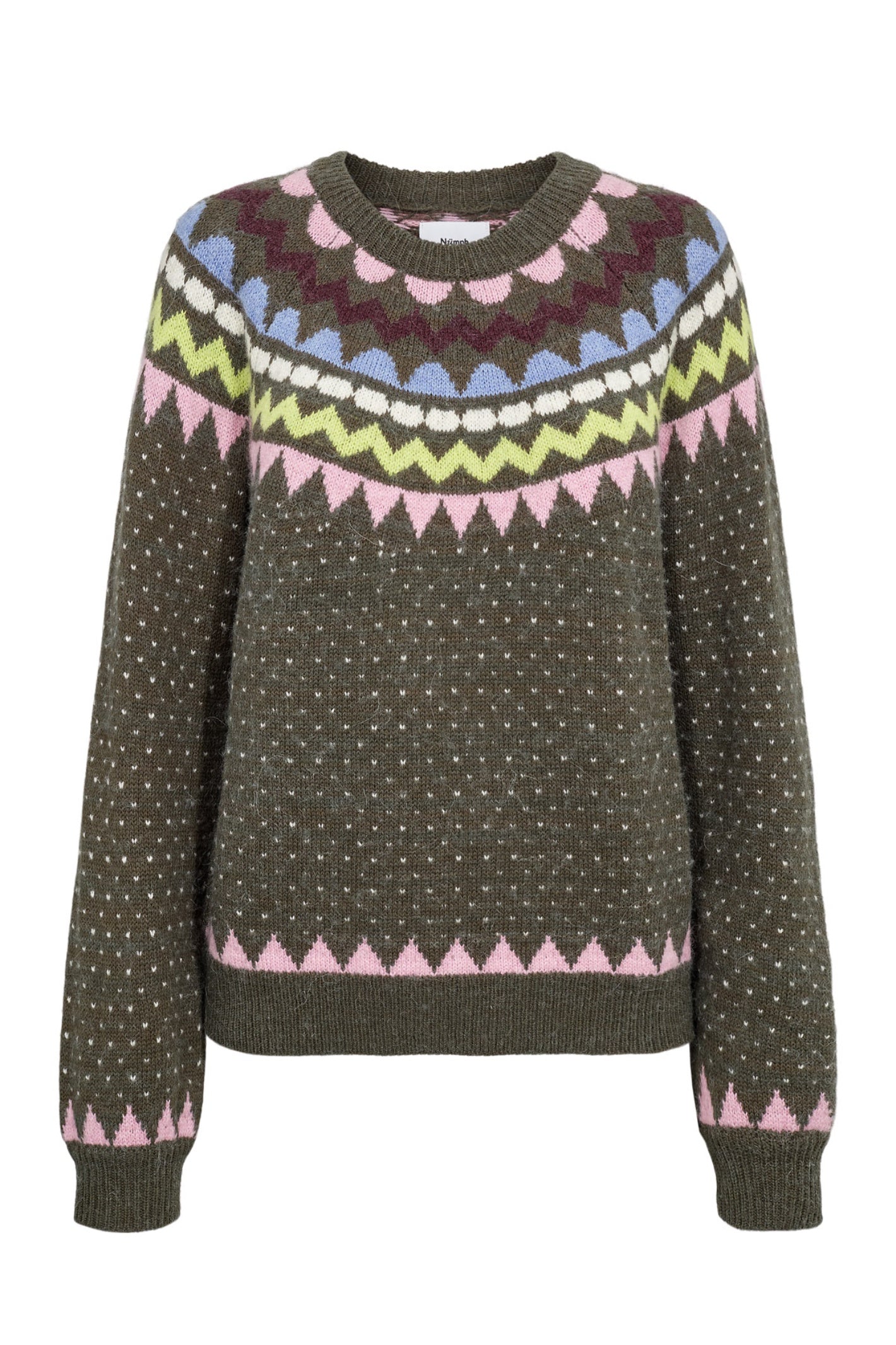 Shop the Nümph NUOLANDA Jumper in Forest Night at Dotique. A colourful Fair Isle-inspired knit with pink, blue and green detailing for AW26.