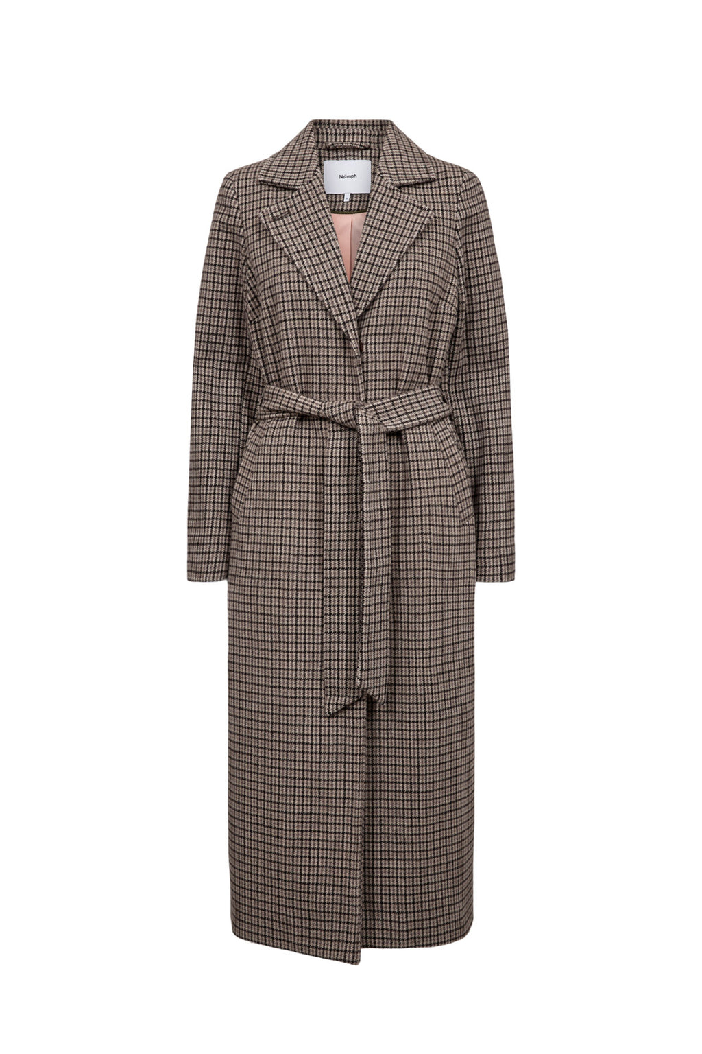 Shop the Nümph NUELANA Coat in Black Coffee at Dotique. A long checked wool-blend coat with a tie waist, perfect for autumn and winter layering.
