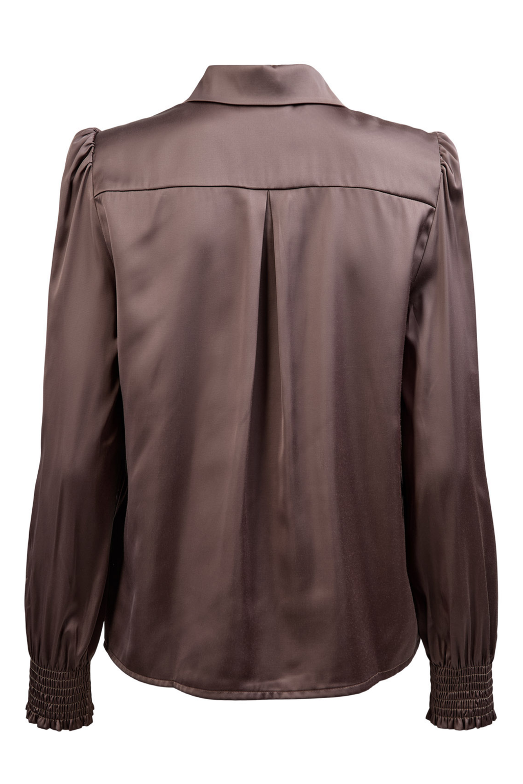 Shop the Nümph NUSITAS Shirt in Deep Taupe at Dotique. A satin-look button-through shirt with an open collar, shaped sleeves and shirred cuffs.