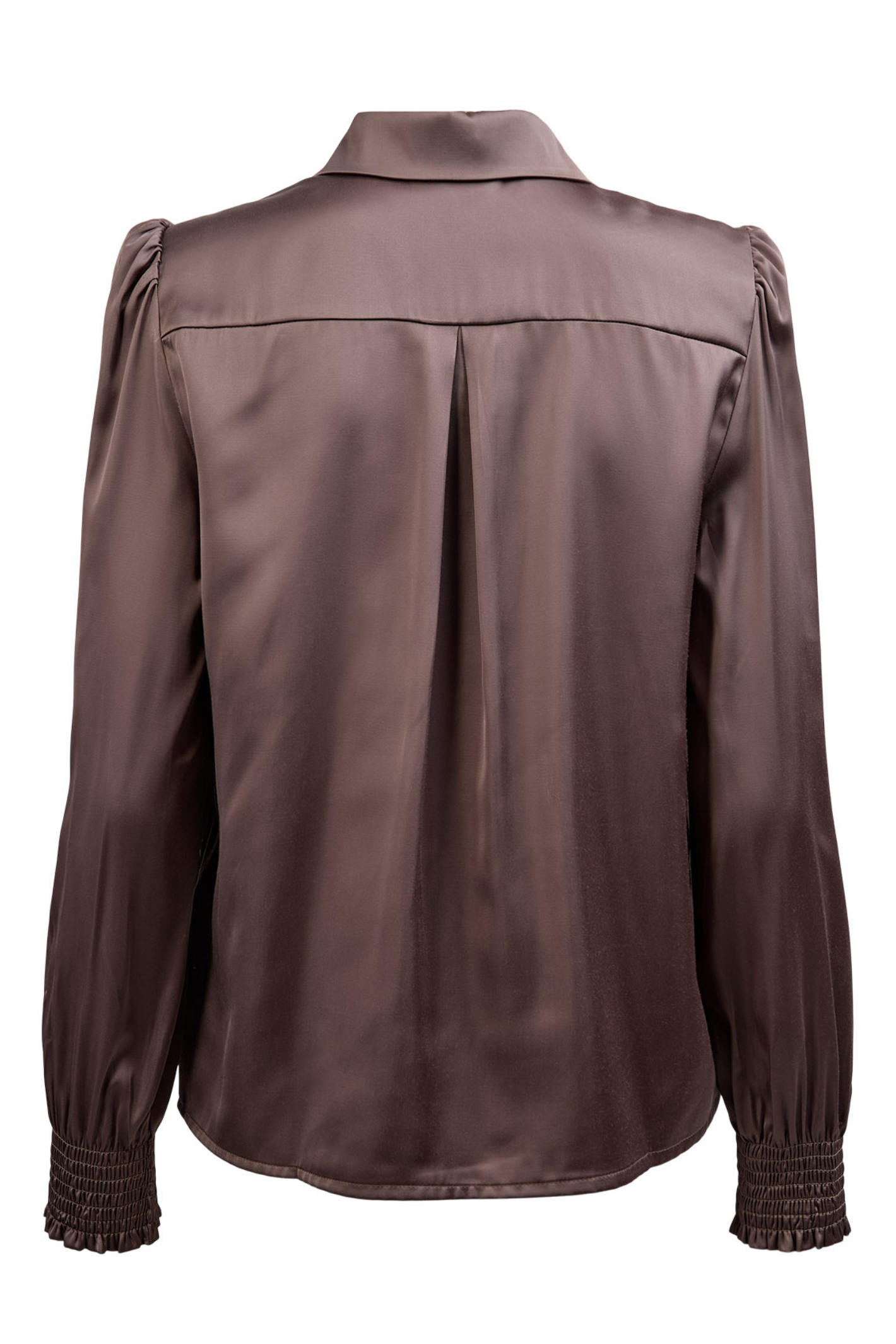 Shop the Nümph NUSITAS Shirt in Deep Taupe at Dotique. A satin-look button-through shirt with an open collar, shaped sleeves and shirred cuffs.