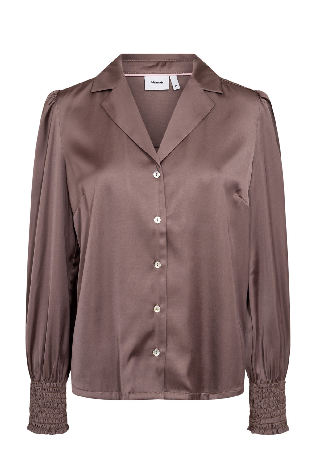 Shop the Nümph NUSITAS Shirt in Deep Taupe at Dotique. A satin-look button-through shirt with an open collar, shaped sleeves and shirred cuffs.