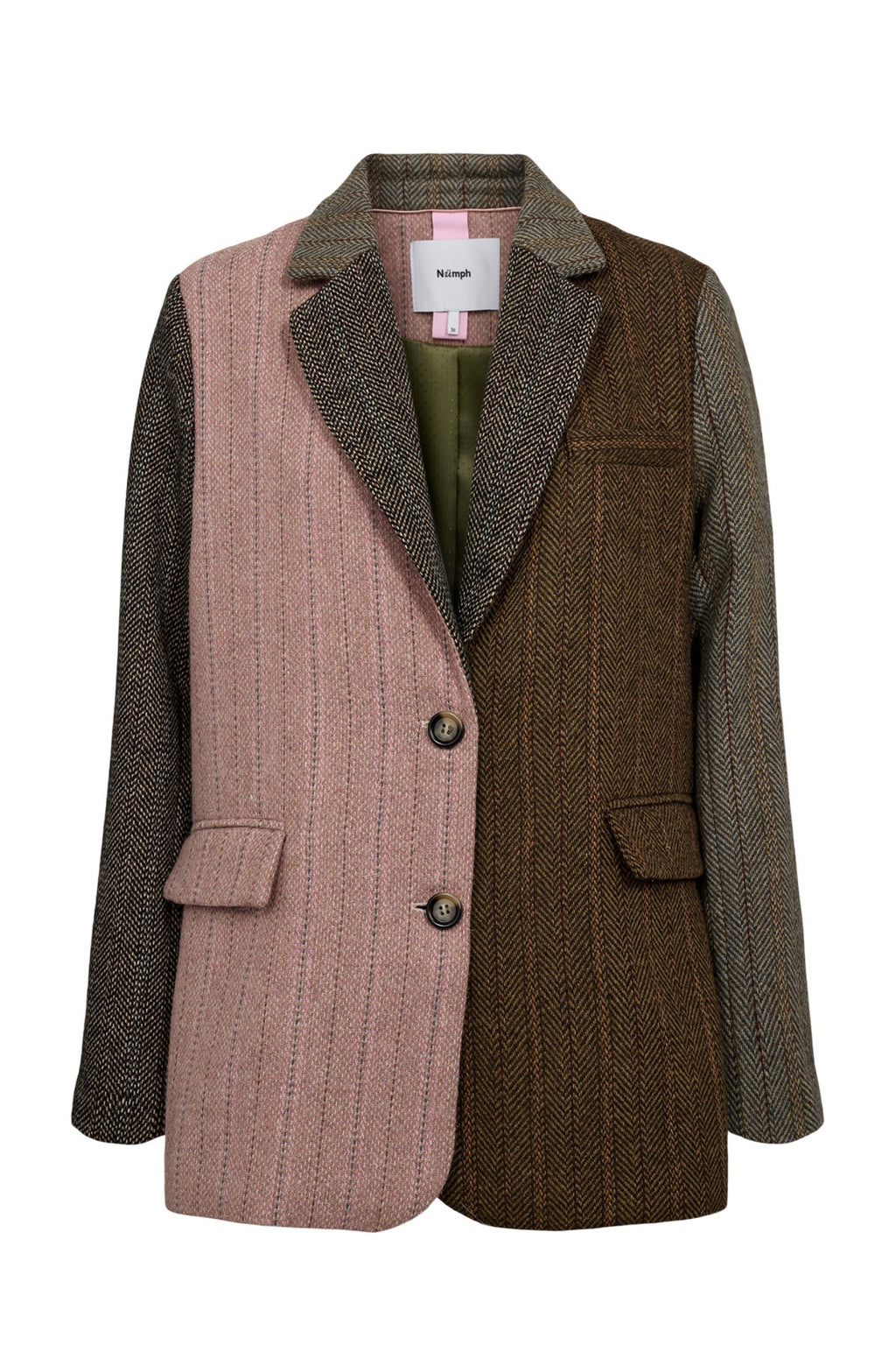 Shop the Nümph NUAVLI Herringbone Blazer in Polignac at Dotique. A wool-blend patchwork blazer in pink, brown and grey herringbone panels.
