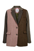 Shop the Nümph NUAVLI Herringbone Blazer in Polignac at Dotique. A wool-blend patchwork blazer in pink, brown and grey herringbone panels.