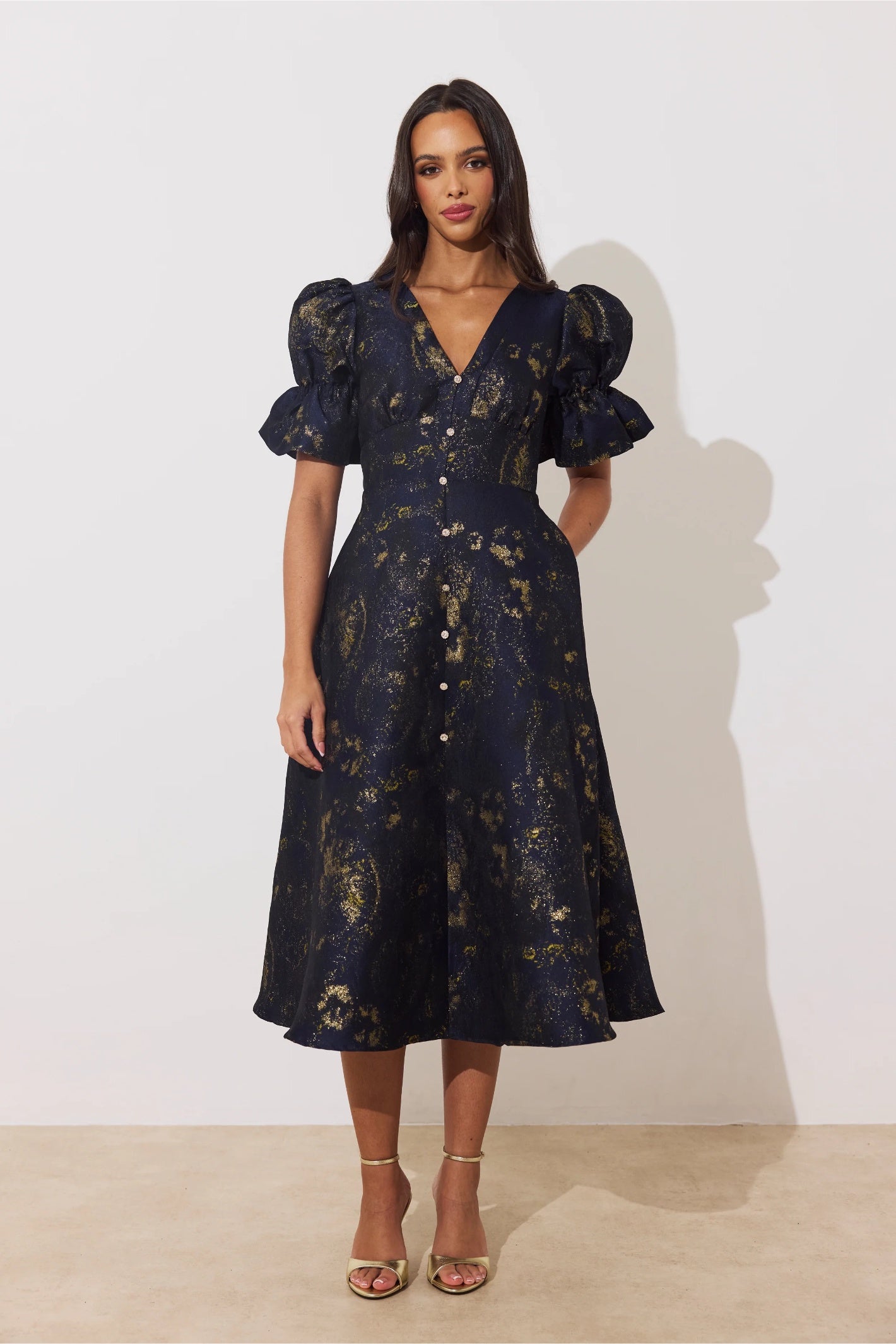 8th Sign Callie Button Dress Midnight Blue Gold