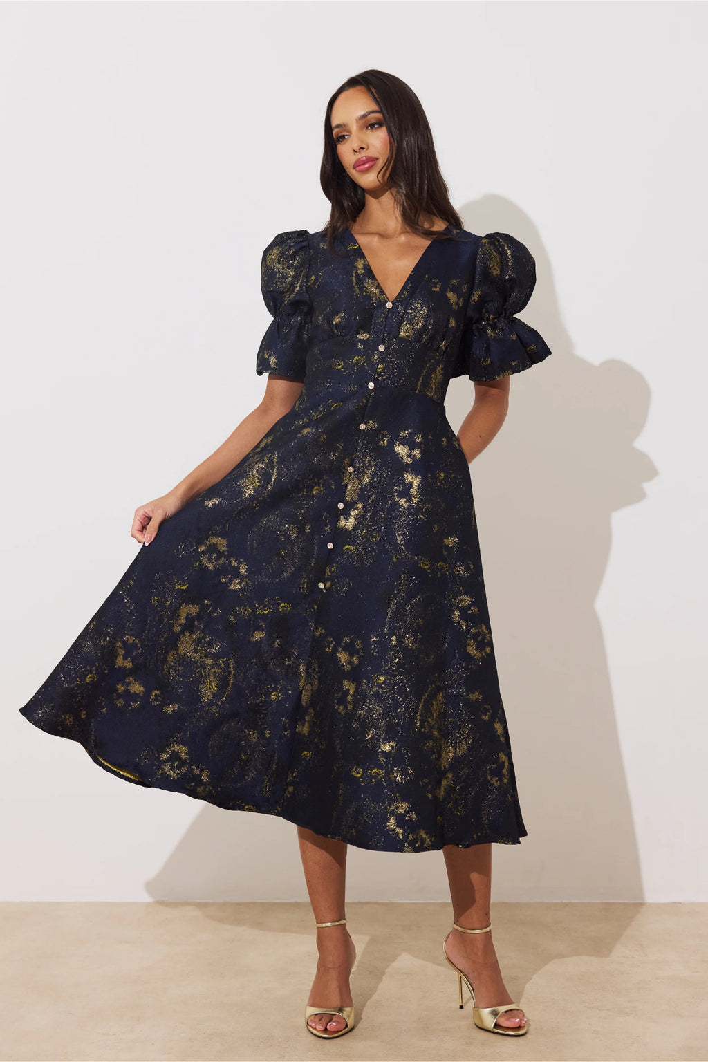 8th Sign Callie Button Dress Midnight Blue Gold
