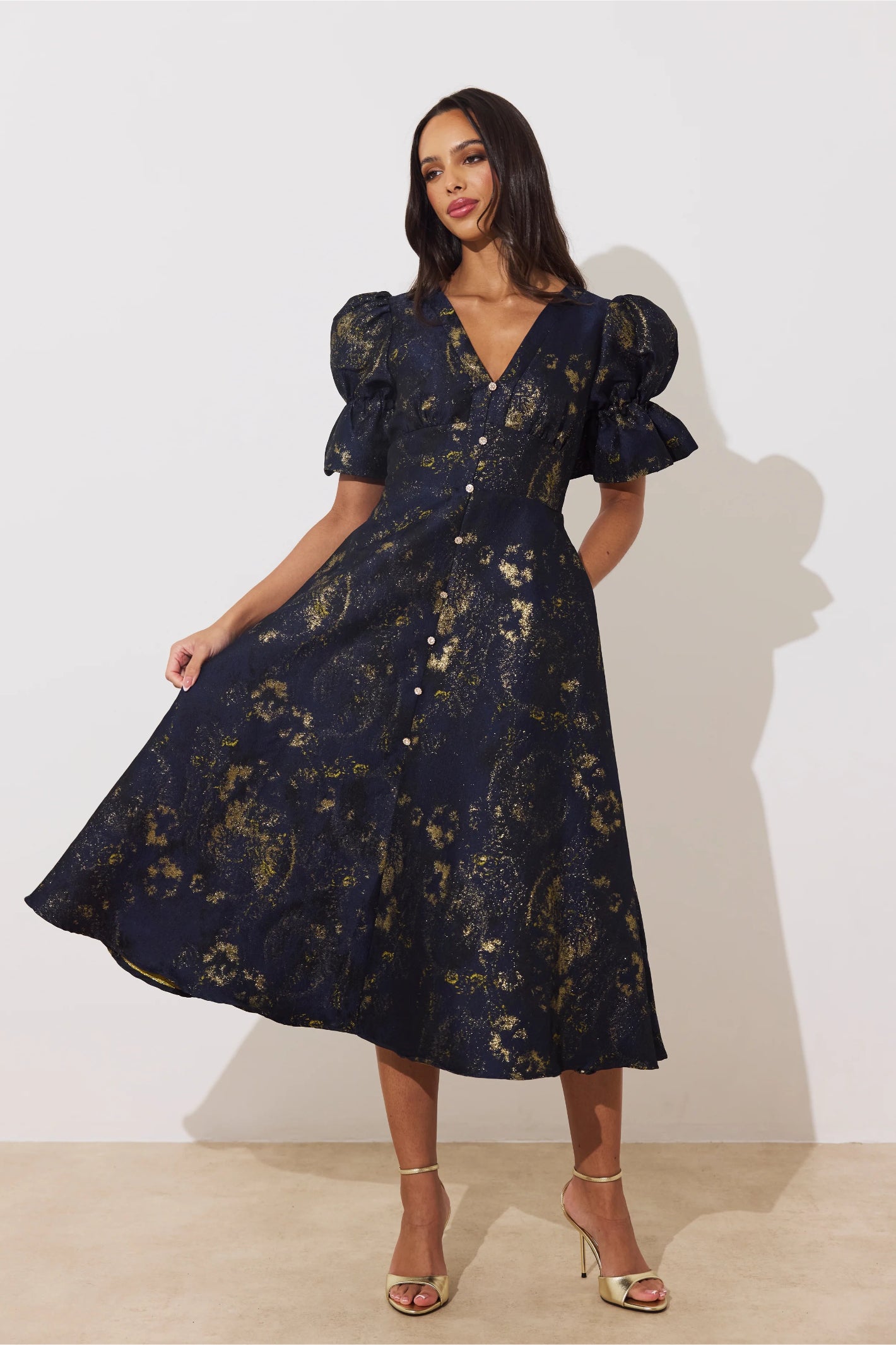 8th Sign Callie Button Dress Midnight Blue Gold
