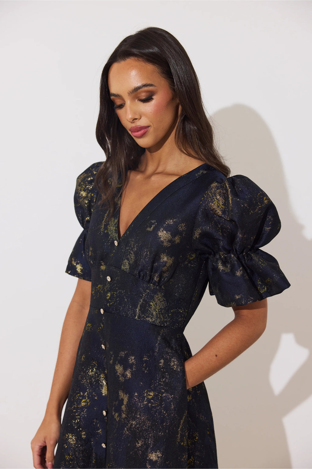 8th Sign Callie Button Dress Midnight Blue Gold