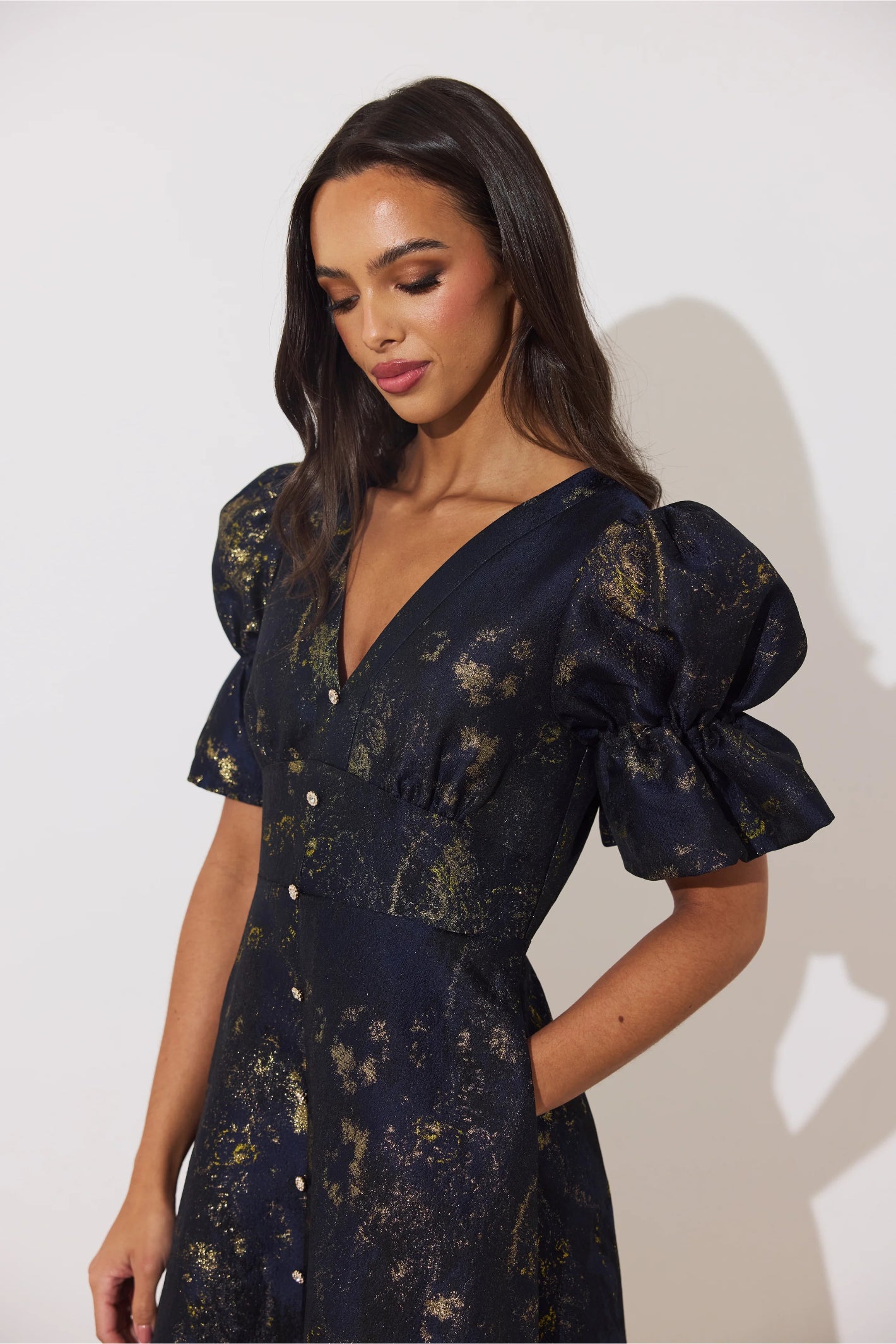 8th Sign Callie Button Dress Midnight Blue Gold