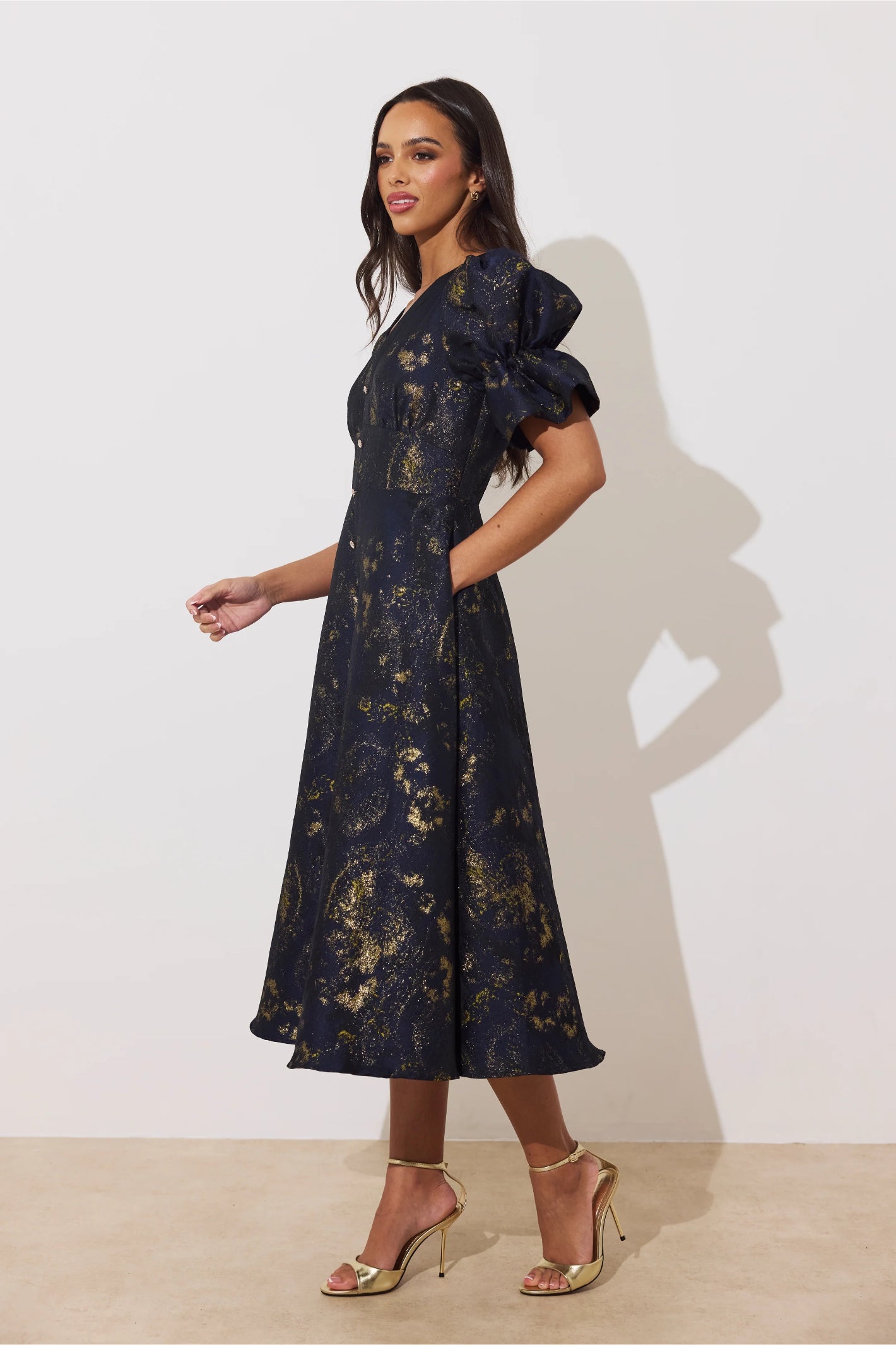 8th Sign Callie Button Dress Midnight Blue Gold