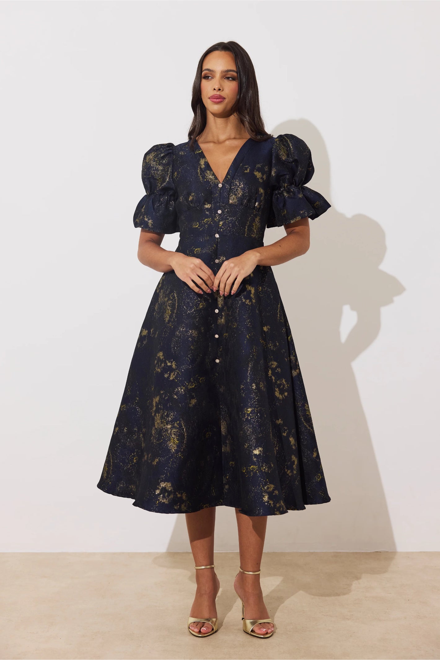 8th Sign Callie Button Dress Midnight Blue Gold