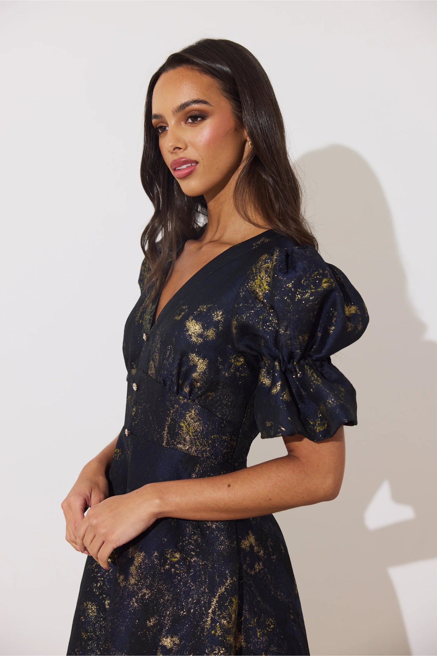 8th Sign Callie Button Dress Midnight Blue Gold