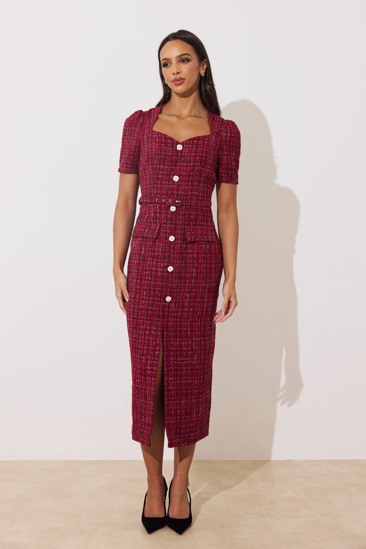 8th Sign Harriet Dress Oxblood in oxblood red on model. You can shop 8th Sign at Dotique.