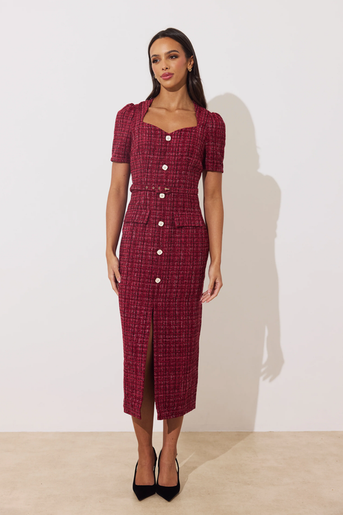 8th Sign Harriet Dress Oxblood in oxblood red on model. You can shop 8th Sign at Dotique.