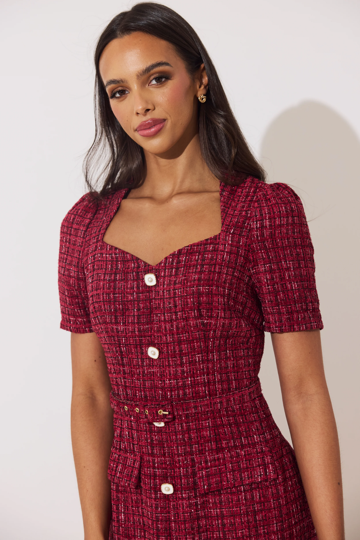 8th Sign Harriet Dress Oxblood modeled by woman 8th Sign Shop 8th Sign at Dotique