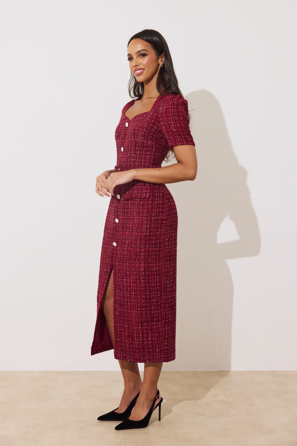 Model wearing 8th Sign Harriet Dress Oxblood by 8th Sign. Shop 8th Sign at Dotique.
