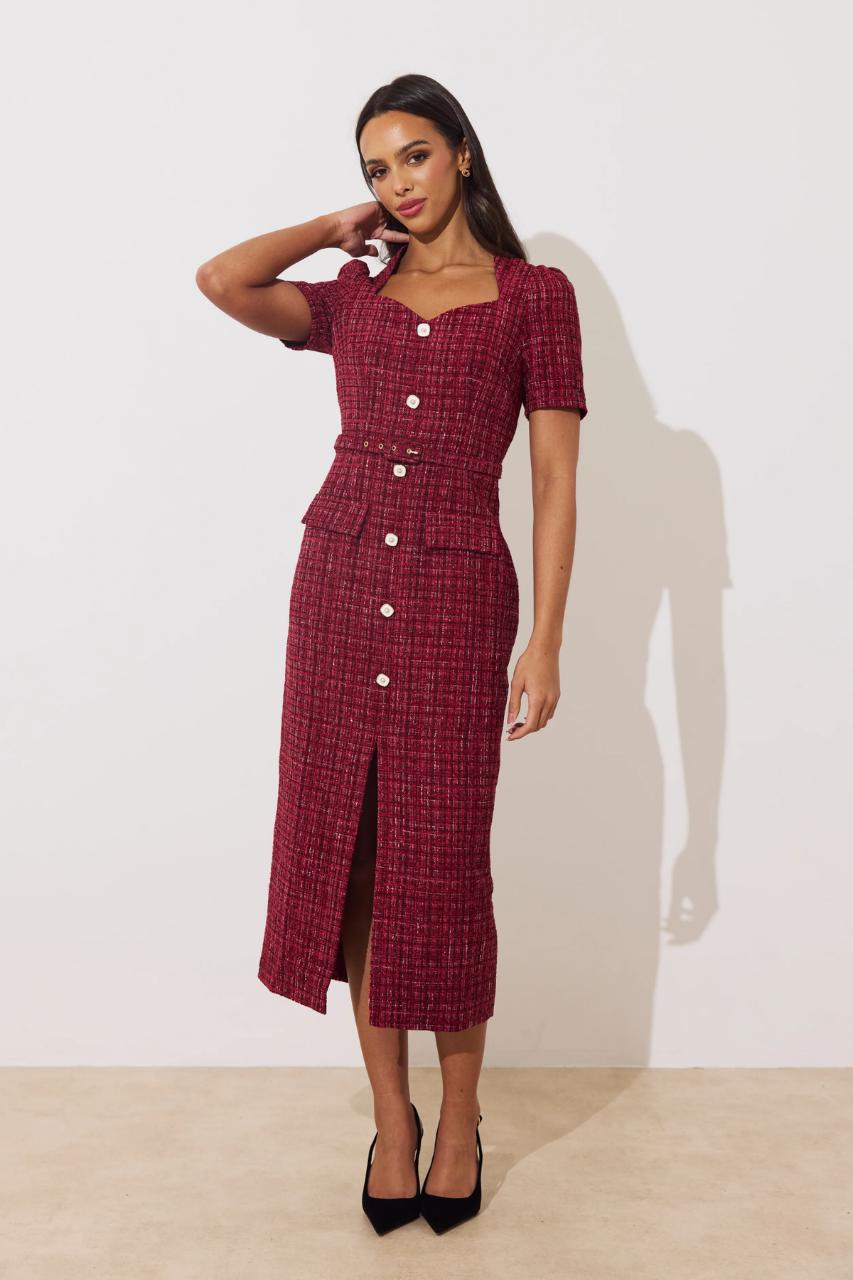 Model wearing 8th Sign Harriet Dress Oxblood You can Shop 8th Sign at Dotique