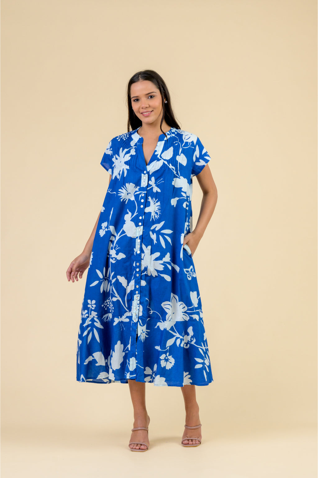 Handprint Dream Apparel AN1171A Leslie Dress Floral Blue in vibrant blue with white floral print, featuring short sleeves and button front by Handprint Dream Apparel. Shop Handprint Dream Apparel at Dotique.