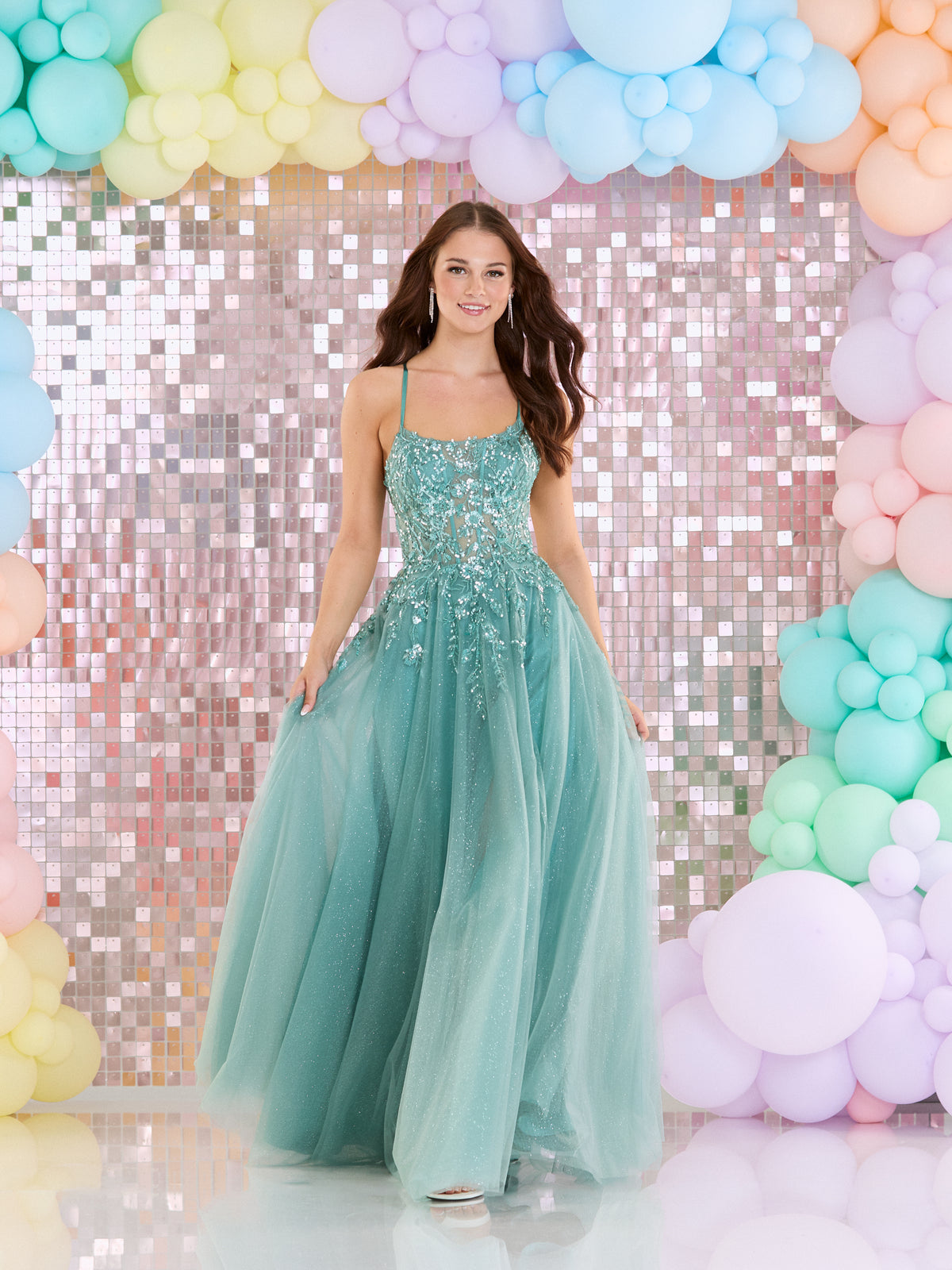 Tiffanys Ariel Sage Prom Dress in sage sequin tulle with full skirt Shop Tiffanys at Dotique