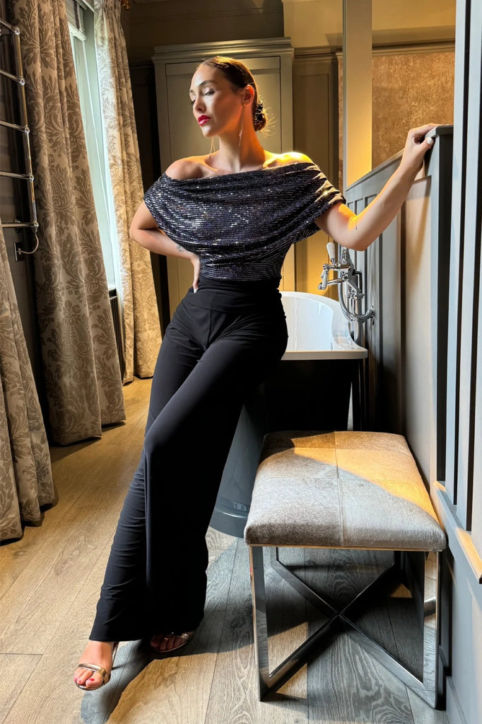 ATOM LABEL Carbon Jumpsuit in Gunmetal Sequin Black Regular Length