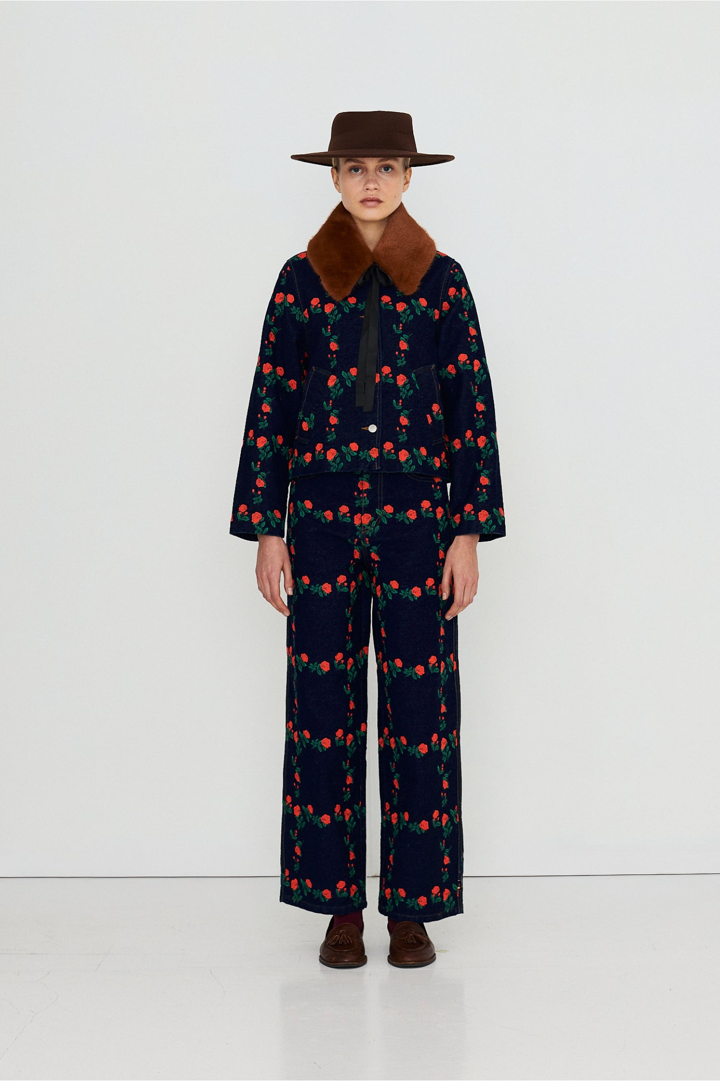Tiny Big Sister Roses Grid Embroidery Denim Jacket AW26-795