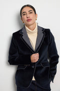 Shop the Bariloche 4033115 Acro Women's Jacket in Navy at Dotique. A luxurious velvet blazer with contrasting lapels and timeless tailoring for elegant everyday and occasion dressing.