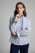 Shop the Bariloche 4007315 Atina Women's Shirt in Navy at Dotique. A beautifully tailored striped shirt with a ruffle collar, feminine frill detailing and timeless navy styling.