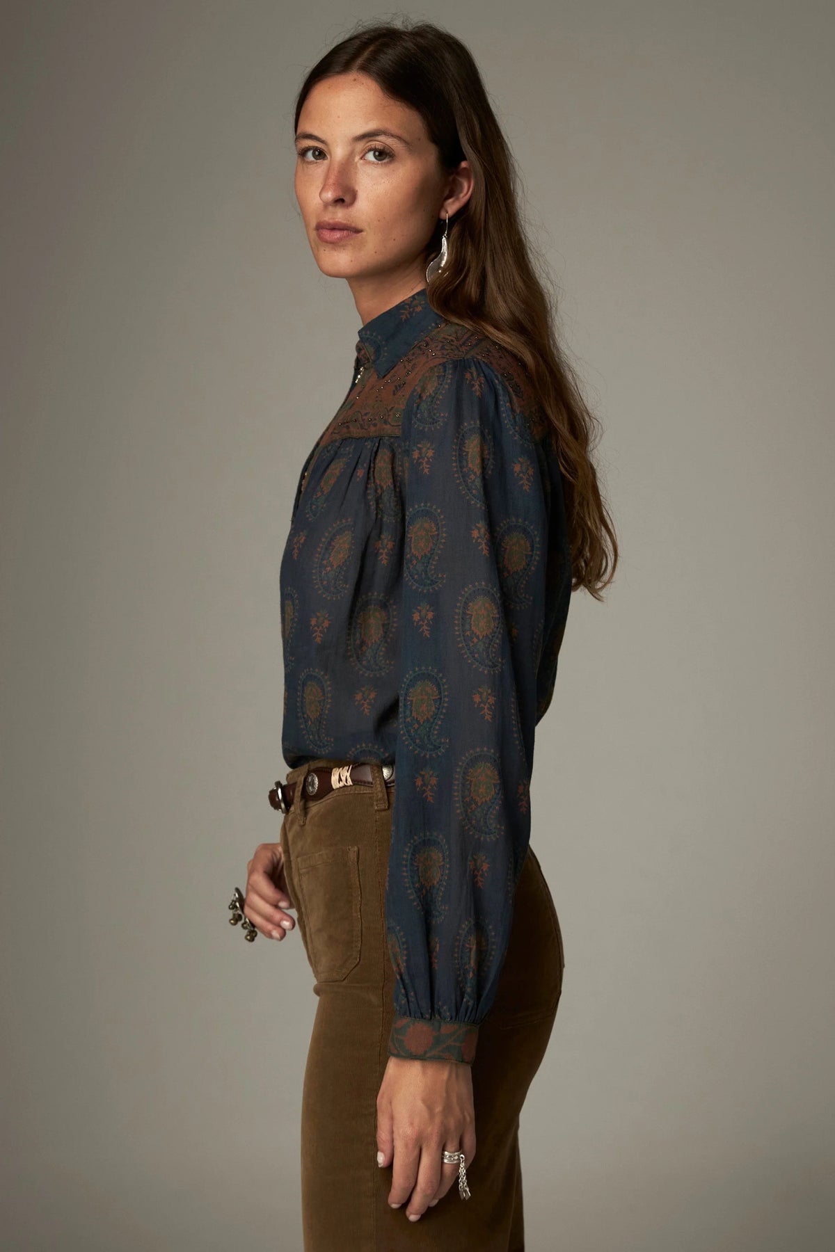 Shop the Maison Hotel Louis Shirt in Ganges Dark Blue at Dotique. A printed cotton shirt with contrast detailing, V-neck and an easy relaxed shape.