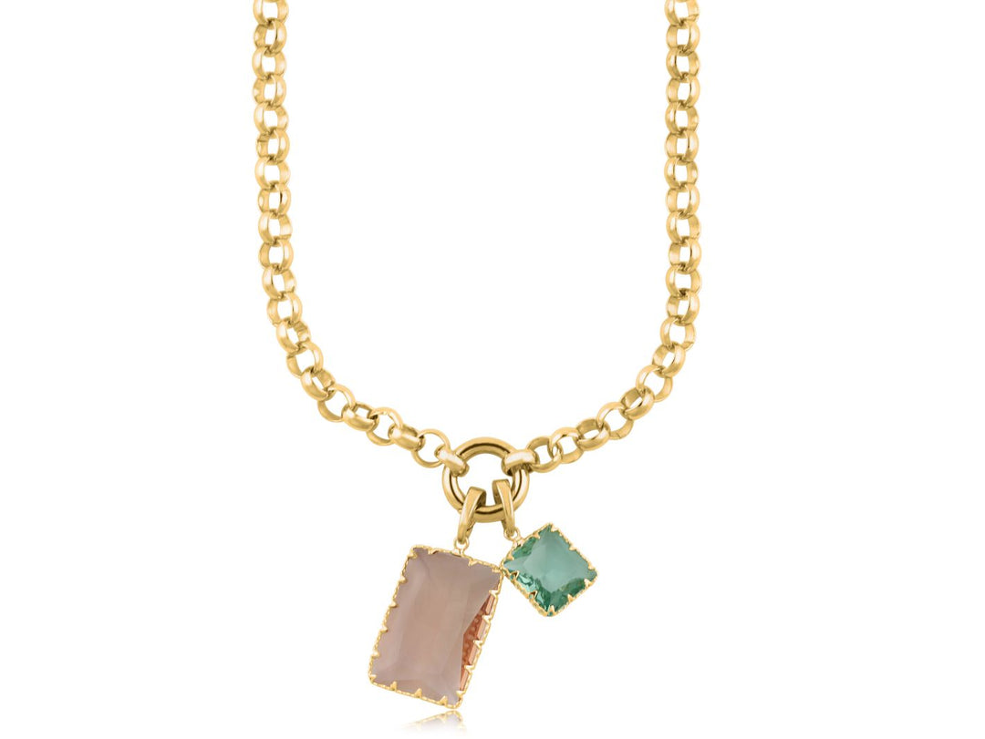 Big Metal London Cosette Alure 2 baguette 22k Gold plated Bradd Belcher Chain Necklace with Pink and Blue Stone