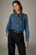 Shop the Maison Hotel Kumud Shirt in Blue Denim at Dotique. A 100% cotton denim shirt with Western-style detailing and popper buttons.