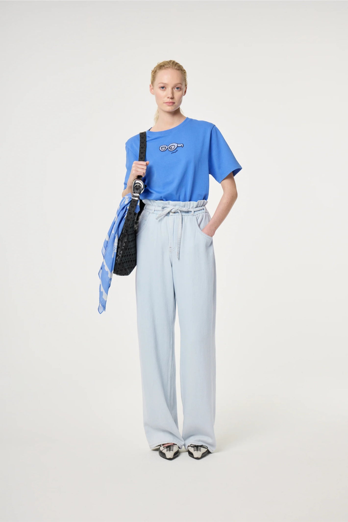 Woman wearing Fabienne Chapot Pearl T-shirt Marina Blue by Fabienne Chapot, shop Fabienne Chapot at Dotique.