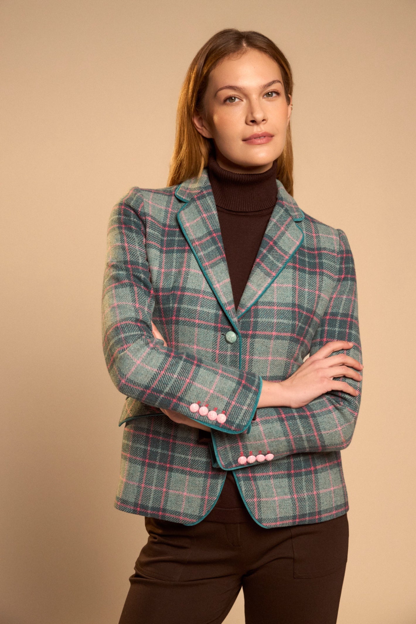 Shop the Bariloche 4033599 Cefalu Women's Jacket in Jade at Dotique. A tailored check blazer with pink windowpane detailing, contrast piping and timeless styling for every occasion.