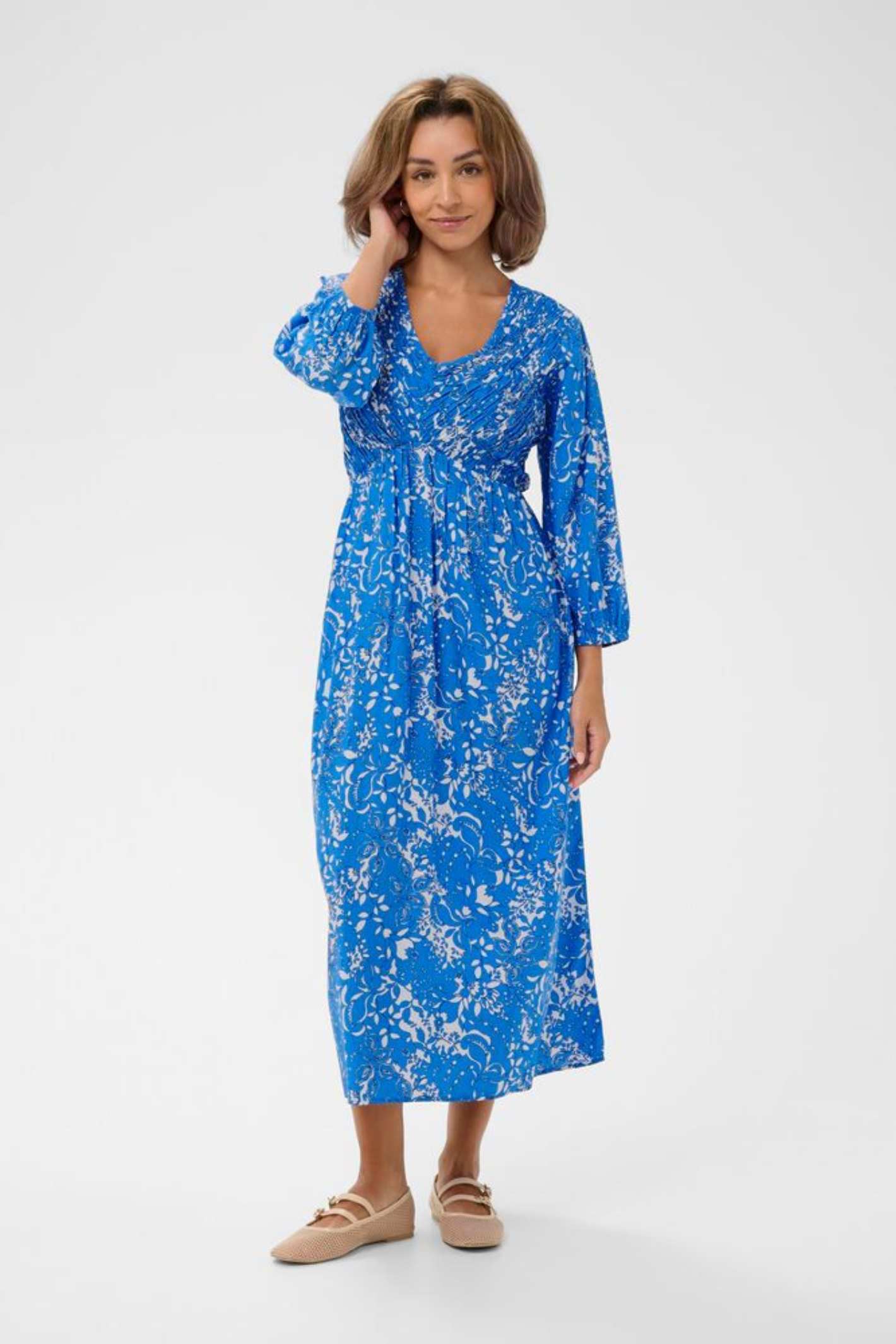Woman wearing Cream 10613476 CRTiah Smock Dress Blue Toile by Cream, shop the vendor at Dotique online store.