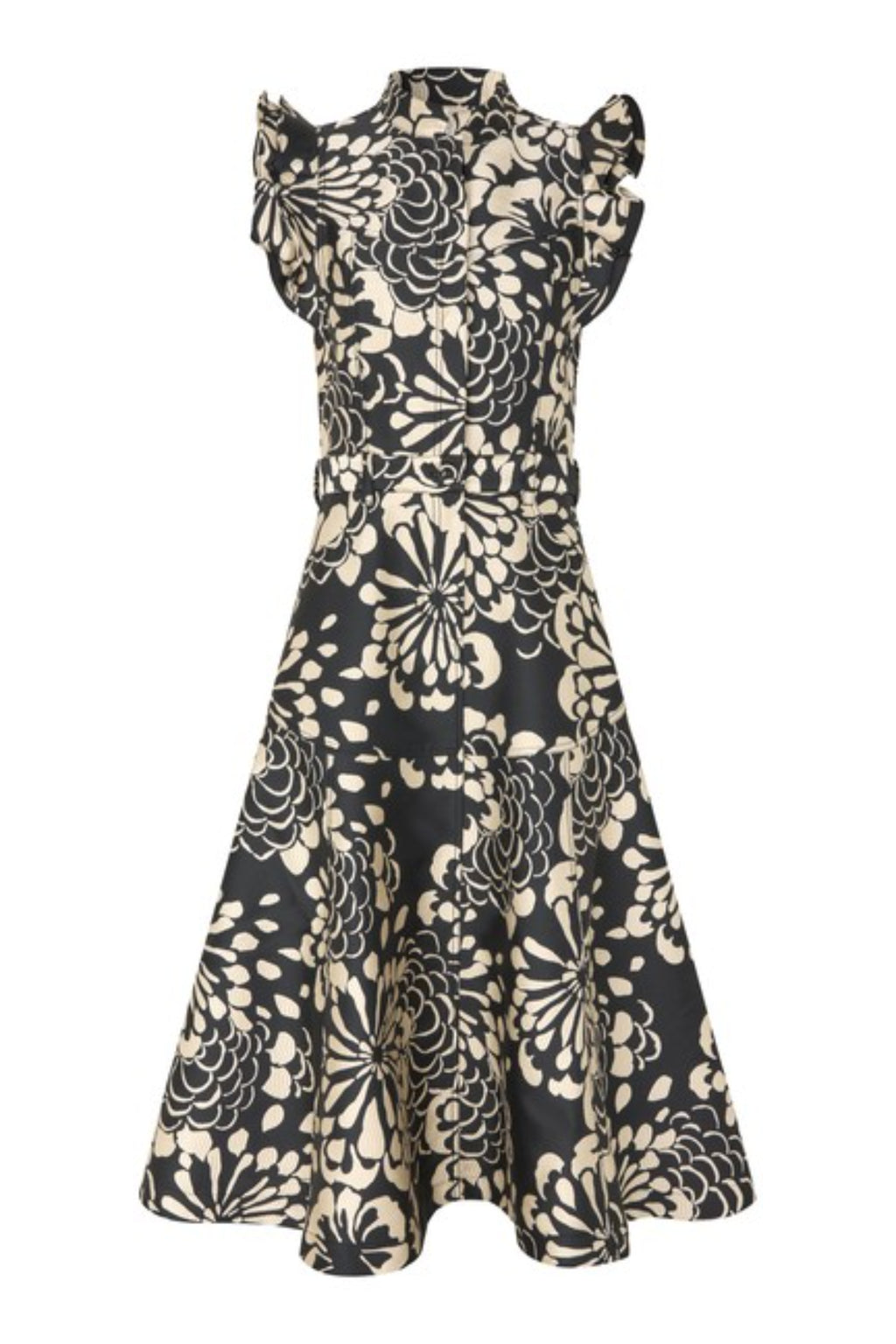 Shop the Dea Kudibal DevantiDEA Dress in Florana at Dotique. A floral jacquard midi dress with frill shoulders, denim details and a flattering flared skirt.