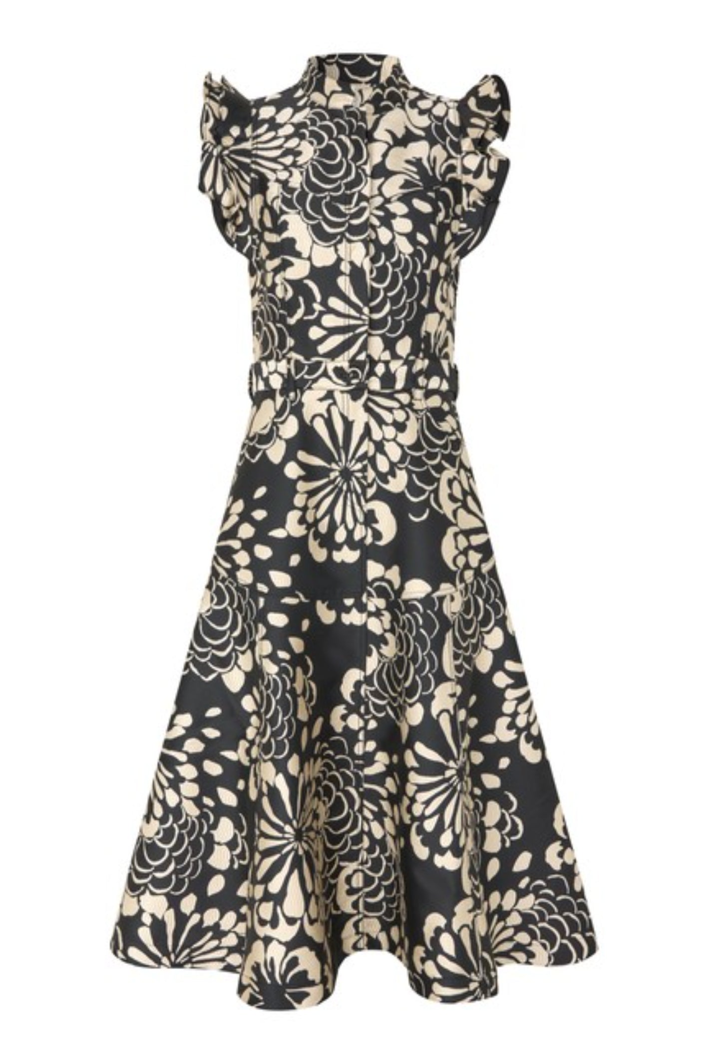 Shop the Dea Kudibal DevantiDEA Dress in Florana at Dotique. A floral jacquard midi dress with frill shoulders, denim details and a flattering flared skirt.