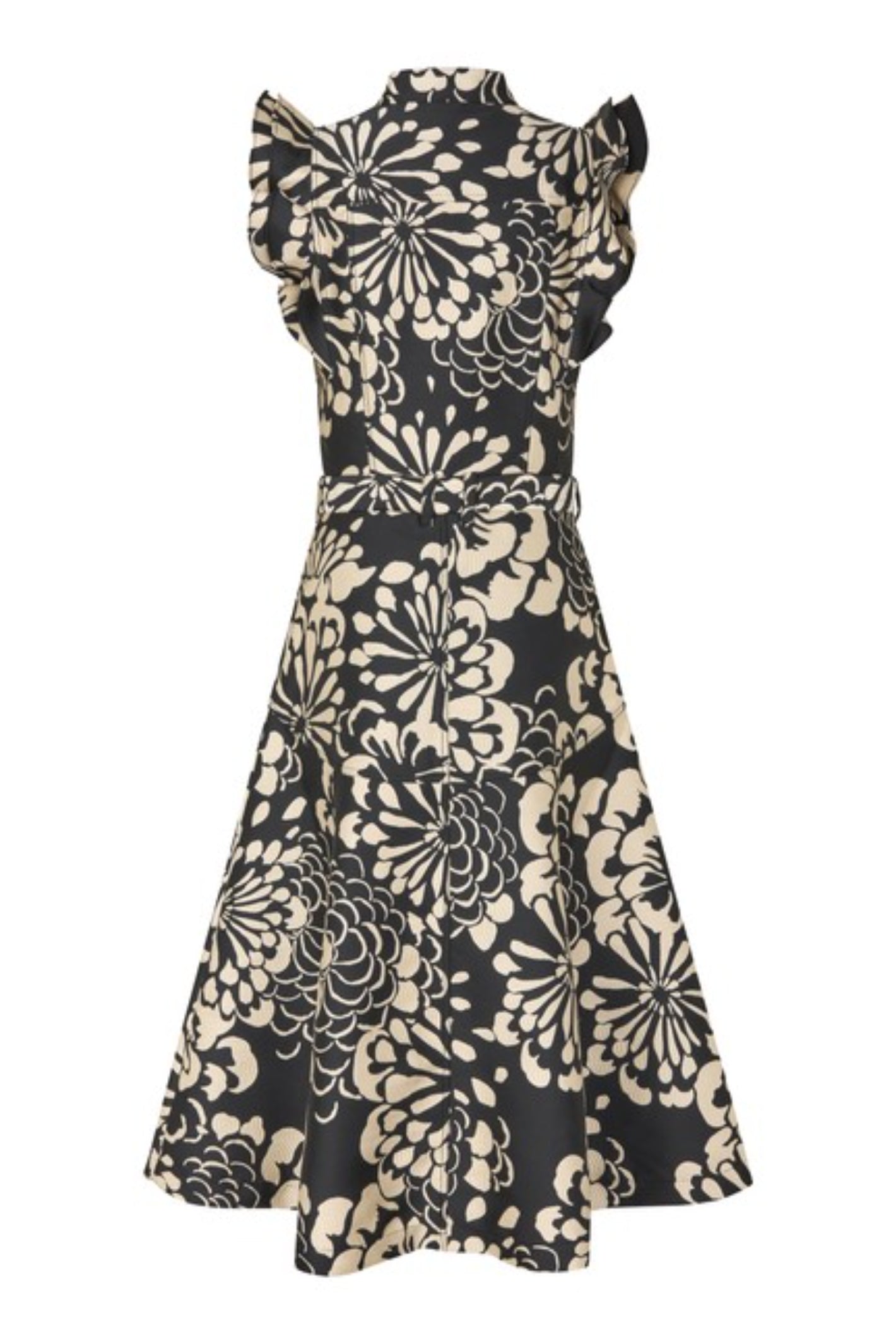Shop the Dea Kudibal DevantiDEA Dress in Florana at Dotique. A floral jacquard midi dress with frill shoulders, denim details and a flattering flared skirt.