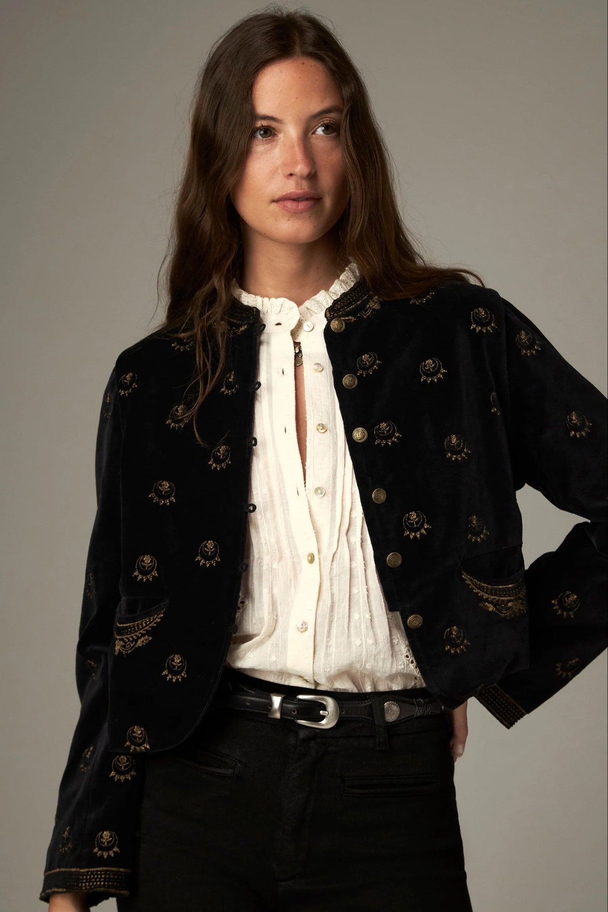 Shop the Maison Hotel Luna Jacket in Golden Stars at Dotique. A black velvet jacket with metallic star embroidery, statement buttons and patch pockets.