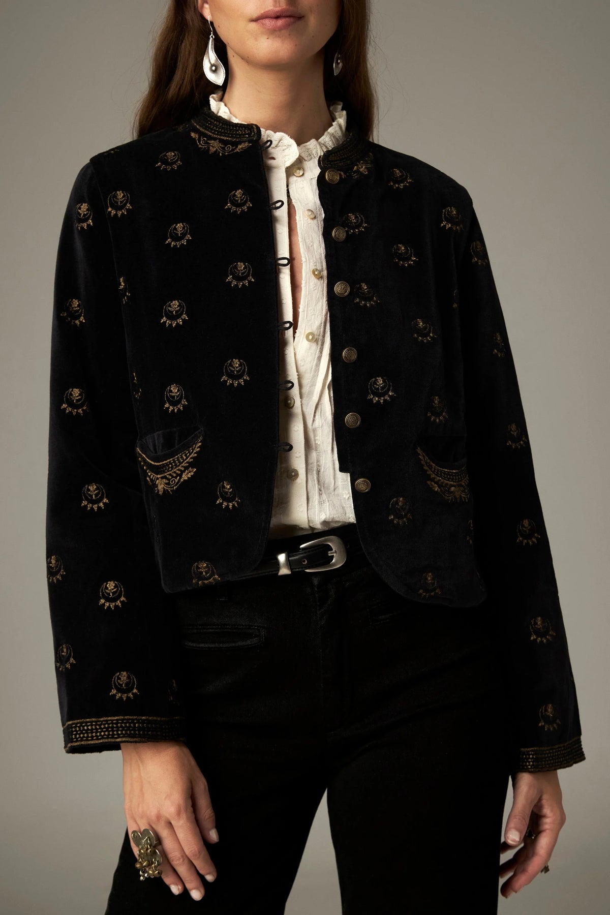 Shop the Maison Hotel Luna Jacket in Golden Stars at Dotique. A black velvet jacket with metallic star embroidery, statement buttons and patch pockets.