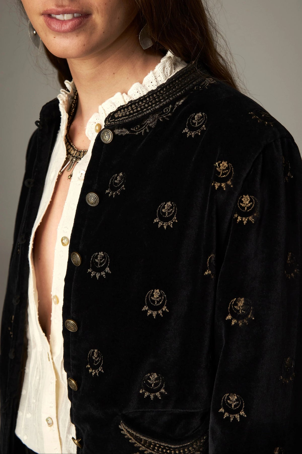 Shop the Maison Hotel Luna Jacket in Golden Stars at Dotique. A black velvet jacket with metallic star embroidery, statement buttons and patch pockets.
