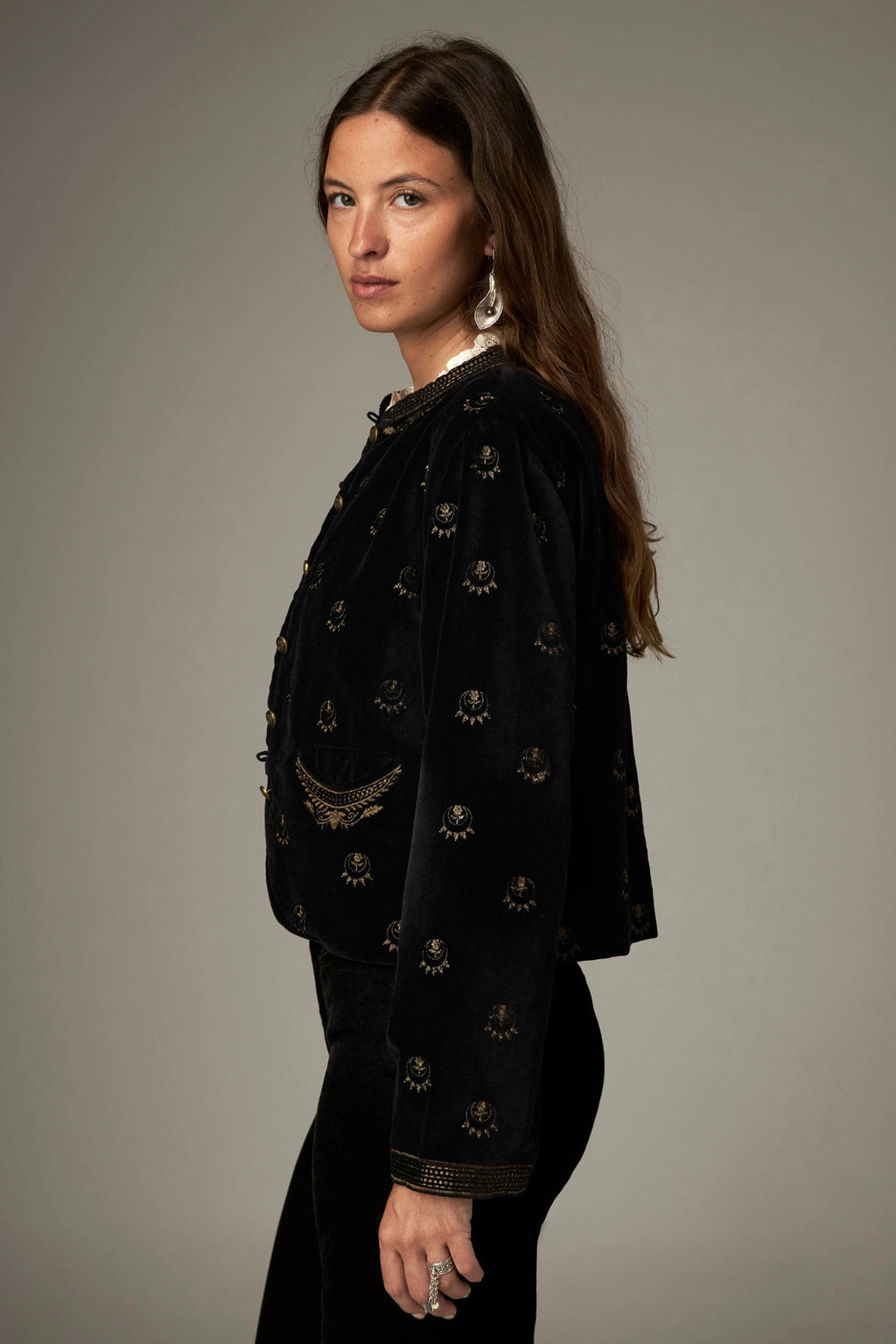 Shop the Maison Hotel Luna Jacket in Golden Stars at Dotique. A black velvet jacket with metallic star embroidery, statement buttons and patch pockets.