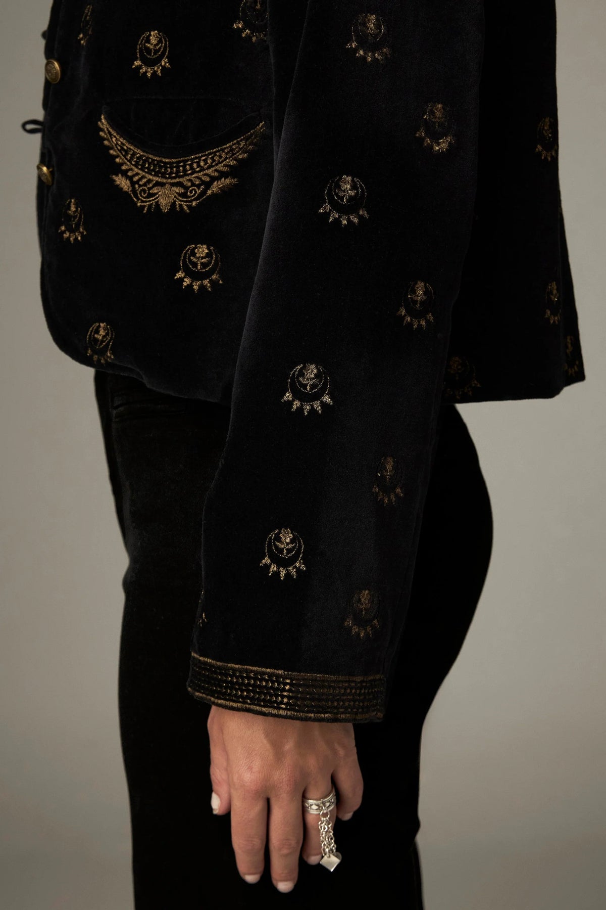 Shop the Maison Hotel Luna Jacket in Golden Stars at Dotique. A black velvet jacket with metallic star embroidery, statement buttons and patch pockets.