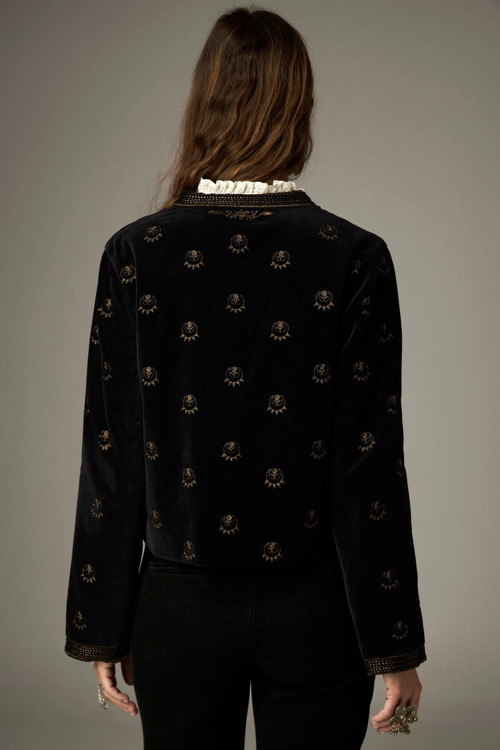 Shop the Maison Hotel Luna Jacket in Golden Stars at Dotique. A black velvet jacket with metallic star embroidery, statement buttons and patch pockets.