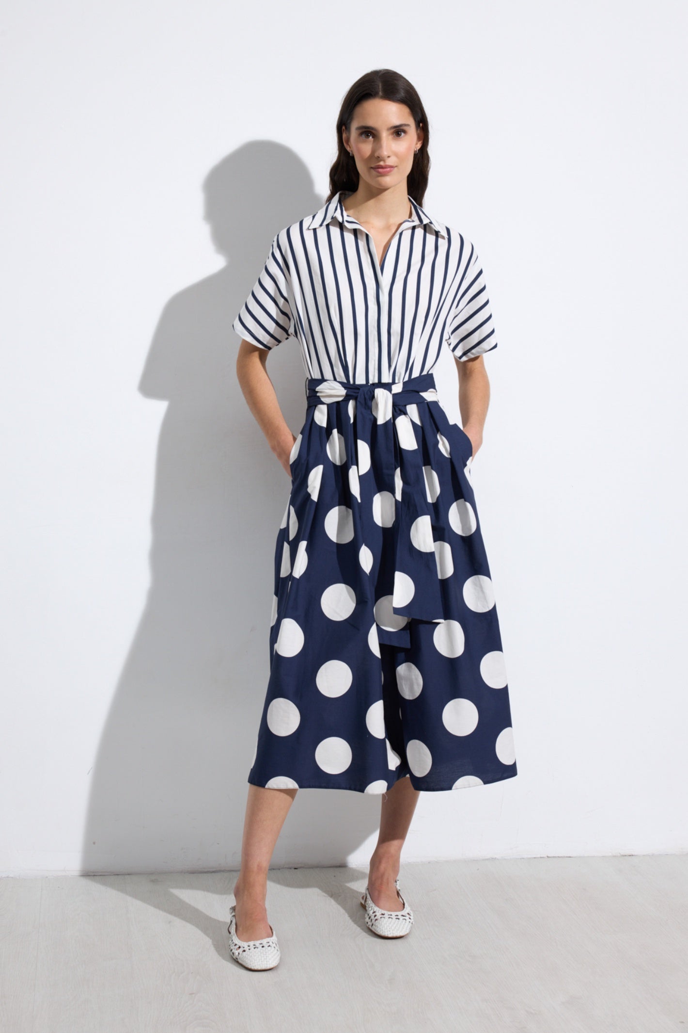 Model wearing Bariloche 3961415 Daroca Blue Cotton Dress with stripes and polka dots by bariloche, shop bariloche at Dotique